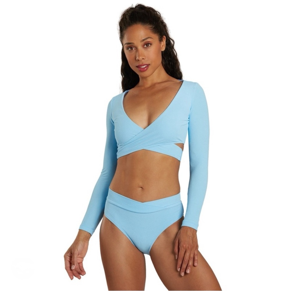 NWT Seea Mundaka Bikini Long Sleeve Wrap Top Bottom Set Celeste Blue Sz L/XL